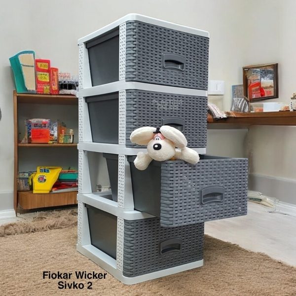 Fiokar WICKER ratan sivko, Plasticni fiokar sa 4 fioke, Plasticne police sa fiokama, Plasticne police za odlaganje, plasticne komode, fiokari za kupatilo, fiokari za kuhinju