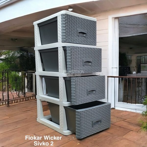 Fiokar WICKER ratan sivko, Plasticni fiokar sa 4 fioke, Plasticne police sa fiokama, Plasticne police za odlaganje, plasticne komode, fiokari za kupatilo, fiokari za kuhinju