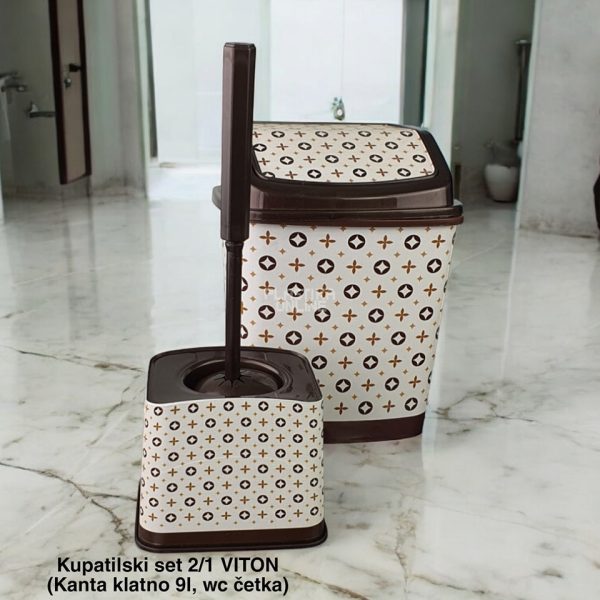 Kupatilski Set 2 VITON ( Kanta klatno 9l, wc četka)) , Mala Kanta za Smeće, Kantica za Kupatilo,WC Četka, braon KUPATILSKI SET