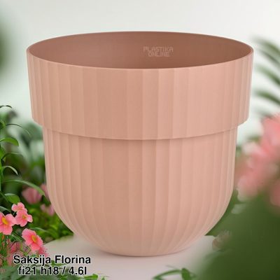 Saksija Florina dimenzija Ø21h 18cm sa zapreminom od 4,6 litra i drenažom idealna je za sadnju manjih biljaka i ukrasnih detalja.