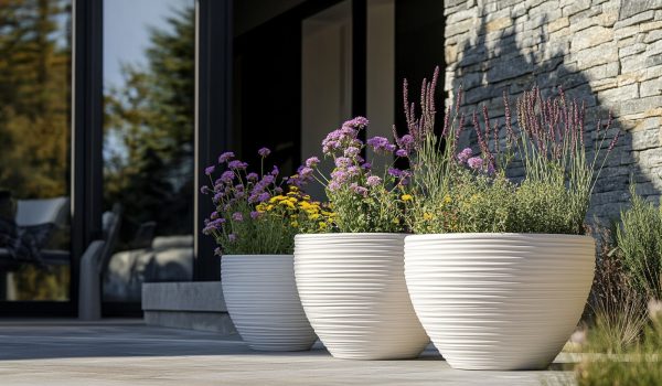 Velike bele plastične saksije u dvorištu