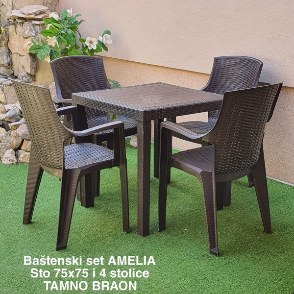 Baštenski set AMELIA - sto ratan 75x75 i 4 stolice ratan Amelia plasticne stolice, plasticni stolovi, bastenski namestaj braon