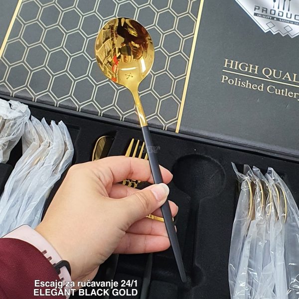 Escajg za ručavanje 24 1 Elegant black Gold, escajg zlatne boje, Pribor za jelo, Elegantni escajg, Escajg za proslave, escajg set