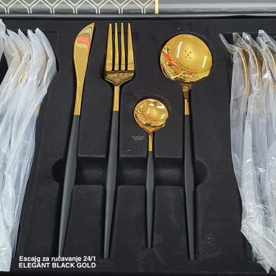Escajg za ručavanje 24 1 Elegant black Gold, escajg zlatne boje, Pribor za jelo, Elegantni escajg, Escajg za proslave, escajg set