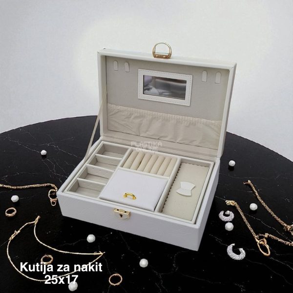 Kutija za nakit 25x17, Kutija za nakit sa ogledalom, Elegantna kutija za nakit, Kutija za nakit sa bravom, Organizator za nakit sa pregradama, Luksuzna kutija za nakit sa ključem