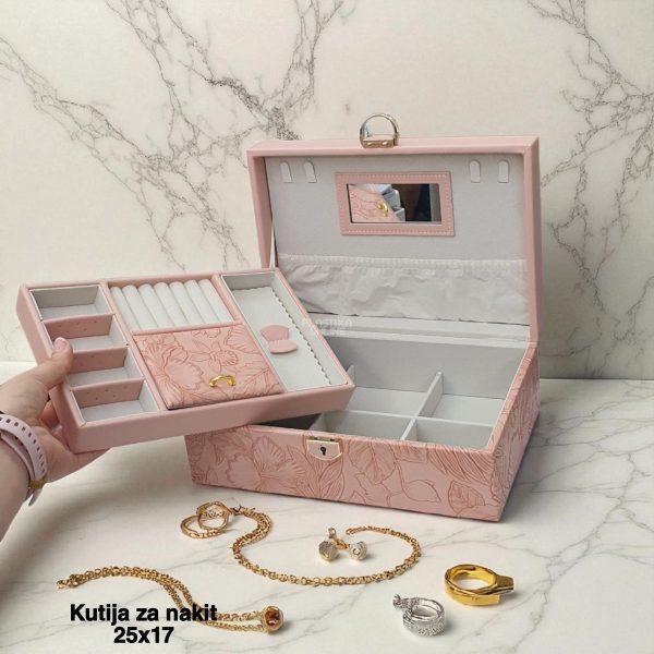 Kutija za nakit 25x17, Kutija za nakit sa ogledalom, Elegantna kutija za nakit, Kutija za nakit sa bravom, Organizator za nakit sa pregradama, Luksuzna kutija za nakit sa ključem