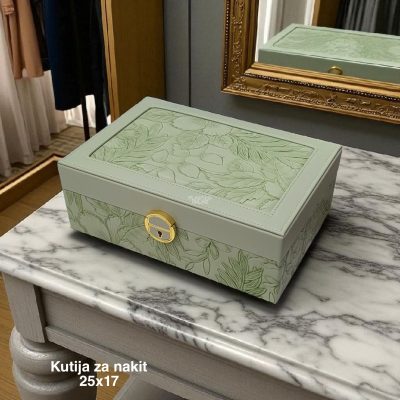 Kutija za nakit 25x17, Kutija za nakit sa ogledalom, Elegantna kutija za nakit, Kutija za nakit sa bravom, Organizator za nakit sa pregradama, Luksuzna kutija za nakit sa ključem