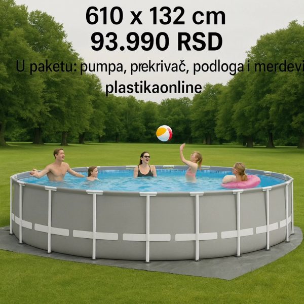 Okrugli Prism Frame bazen 610x132 , veliki porodični bazen, bazen sa čeličnim ramom, Intex Prism Frame bazen, montažni bazen za dvorište, bazen sa pumpom i prekrivačem, najbolji bazeni za leto