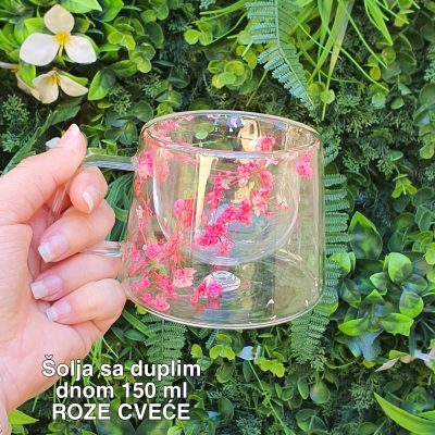 Staklena šolja sa duplim dnom 150 ml – suvo cveće , staklena šolja, šolje sa duplim dnom ROZE CVEĆE
