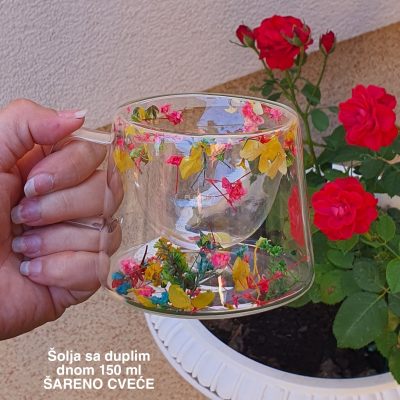 Staklena šolja sa duplim dnom 150 ml – suvo cveće , staklena šolja, šolje sa duplim dnom sareno