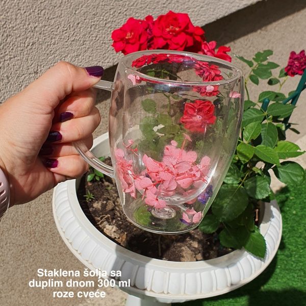 Staklena šolja sa duplim dnom 300 ml – suvo cveće , staklena šolja, šolje sa duplim dnom ROZE CVEĆE