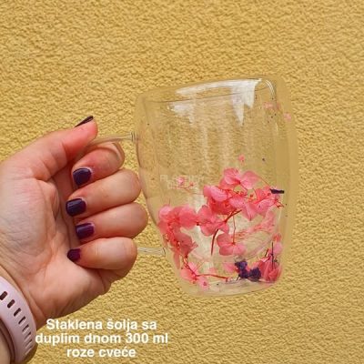 Staklena šolja sa duplim dnom 300 ml – suvo cveće , staklena šolja, šolje sa duplim dnom ROZE CVEĆE