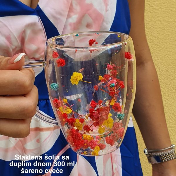 Staklena šolja sa duplim dnom 300 ml – suvo cveće , staklena šolja, šolje sa duplim dnom sareno CVEĆE