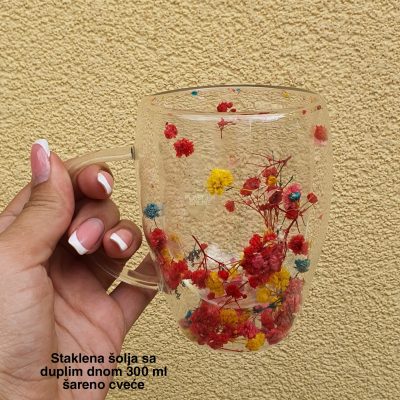 Staklena šolja sa duplim dnom 300 ml – suvo cveće , staklena šolja, šolje sa duplim dnom sareno CVEĆE