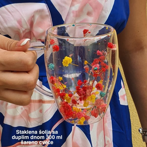Staklena šolja sa duplim dnom 300 ml – suvo cveće , staklena šolja, šolje sa duplim dnom sareno CVEĆE