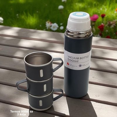 Termos 500ml sa 3 šolje,Termos za toplu i hladnu tečnost, Termos koji drži toplotu 12h, Termos za kampovanje