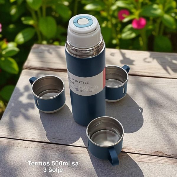 Termos 500ml sa 3 šolje,Termos za toplu i hladnu tečnost, Termos koji drži toplotu 12h, Termos za kampovanje