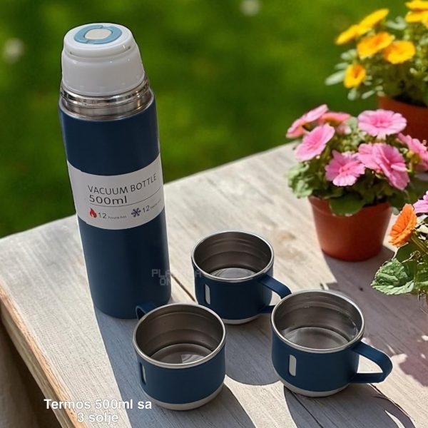 Termos 500ml sa 3 šolje,Termos za toplu i hladnu tečnost, Termos koji drži toplotu 12h, Termos za kampovanje
