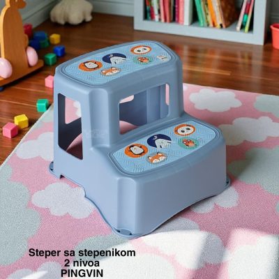 Steper sa stepenikom 2 nivoa, stepenik za decu, stepenice za decu, dupli steper za decu, plasticne stepenice, stepenice za decu za kupatilo pingvin