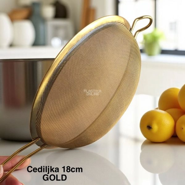 Cediljka 18cm , Zlatna cediljka , Metalni sifter, Plastična cediljka sa ručkom