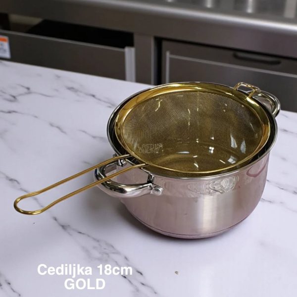 Cediljka 18cm , Zlatna cediljka , Metalni sifter, Plastična cediljka sa ručkom