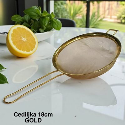 Cediljka 18cm , Zlatna cediljka , Metalni sifter, Plastična cediljka sa ručkom