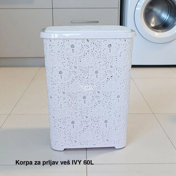 Korpa za prljav veš IVY 60L, Plastična korpa za prljav veš, velike korpe za prljav veš bela 1