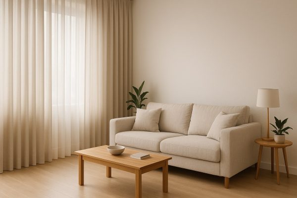 Moderne zavese u uređenoj dnevnoj sobi u minimalistickom stilu