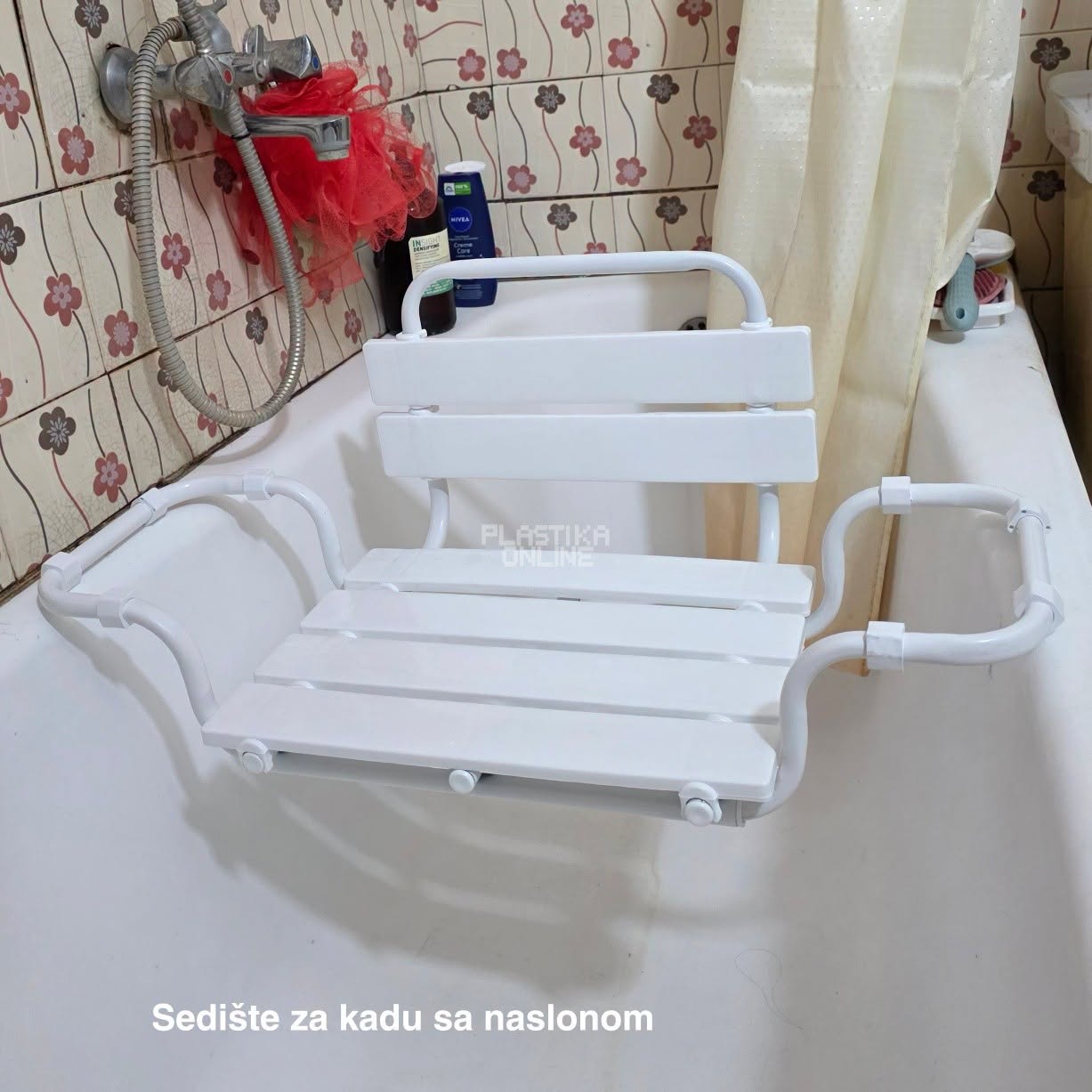 Sedište za kadu sa naslonom h30, Metalno sedište za kadu, Sedište za kadu za starije osobe, Tuš stolica za kadu, Podesivo sedište za kadu, BELA