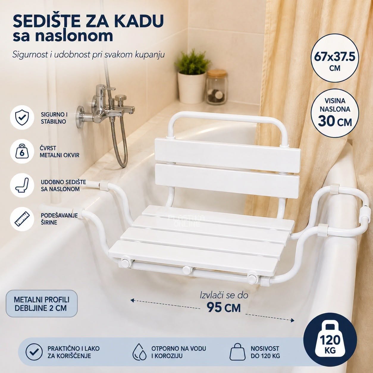Sedište za kadu sa naslonom h30, Metalno sedište za kadu, Sedište za kadu za starije osobe, Tuš stolica za kadu, Podesivo sedište za kadu, BELA
