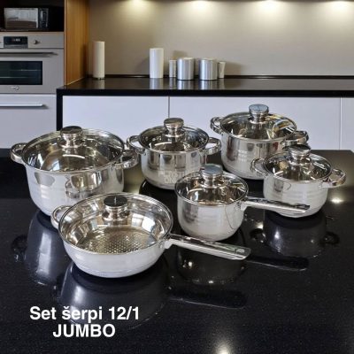Set šerpi 12/1 JUMBO 12fbw Set šerpi 12/1 JUMBO 12fbw, set šerpi, šerpe INOX, šerpe sa poklopcima, set šerpi za porodicu, kvalitetne šerpe, šerpe za indukciju, šerpe za svakodnevnu upotrebu, šerpe za kuvanje, kuhinjski set šerpi, tiganj za prženje