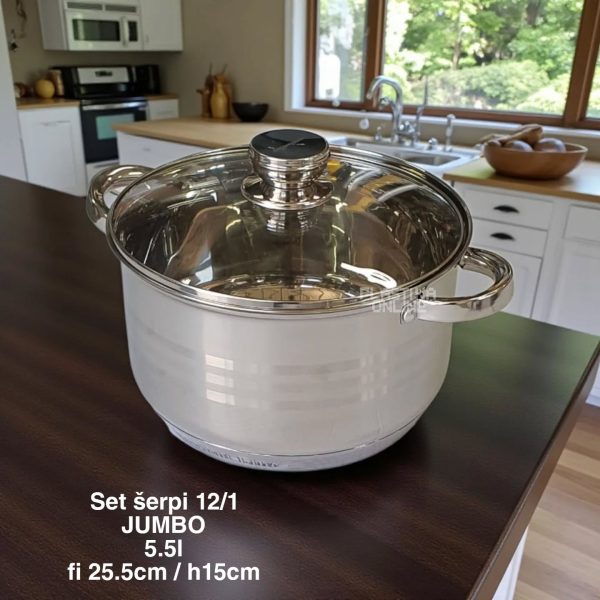 Set šerpi 12/1 JUMBO 12fbw Set šerpi 12/1 JUMBO 12fbw, set šerpi, šerpe INOX, šerpe sa poklopcima, set šerpi za porodicu, kvalitetne šerpe, šerpe za indukciju, šerpe za svakodnevnu upotrebu, šerpe za kuvanje, kuhinjski set šerpi, tiganj za prženje