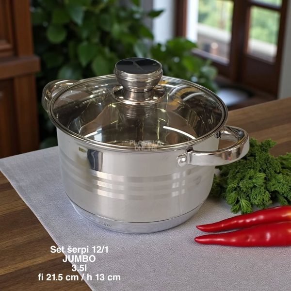 Set šerpi 12/1 JUMBO EL-12ST Set šerpi 12/1 JUMBO EL-12ST, set šerpi, šerpe INOX, šerpe sa poklopcima, set šerpi za porodicu, kvalitetne šerpe, šerpe za indukciju, šerpe za svakodnevnu upotrebu, šerpe za kuvanje, kuhinjski set šerpi, tiganj za prženje