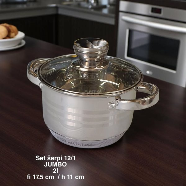 Set šerpi 12/1 JUMBO EL-12ST Set šerpi 12/1 JUMBO EL-12ST, set šerpi, šerpe INOX, šerpe sa poklopcima, set šerpi za porodicu, kvalitetne šerpe, šerpe za indukciju, šerpe za svakodnevnu upotrebu, šerpe za kuvanje, kuhinjski set šerpi, tiganj za prženje
