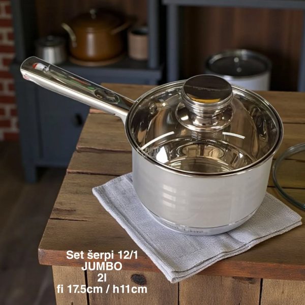 Set šerpi 12/1 JUMBO EL-12ST Set šerpi 12/1 JUMBO EL-12ST, set šerpi, šerpe INOX, šerpe sa poklopcima, set šerpi za porodicu, kvalitetne šerpe, šerpe za indukciju, šerpe za svakodnevnu upotrebu, šerpe za kuvanje, kuhinjski set šerpi, tiganj za prženje