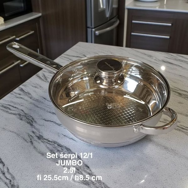 Set šerpi 12/1 JUMBO EL-12ST Set šerpi 12/1 JUMBO EL-12ST, set šerpi, šerpe INOX, šerpe sa poklopcima, set šerpi za porodicu, kvalitetne šerpe, šerpe za indukciju, šerpe za svakodnevnu upotrebu, šerpe za kuvanje, kuhinjski set šerpi, tiganj za prženje