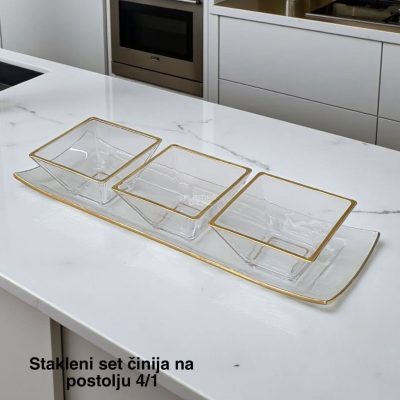 Stakleni set činija na postolju 4/1 , stakleni set činija, Kvalitetne staklene činije, Set činija na postolju, Staklene činije sa zlatnim rubom