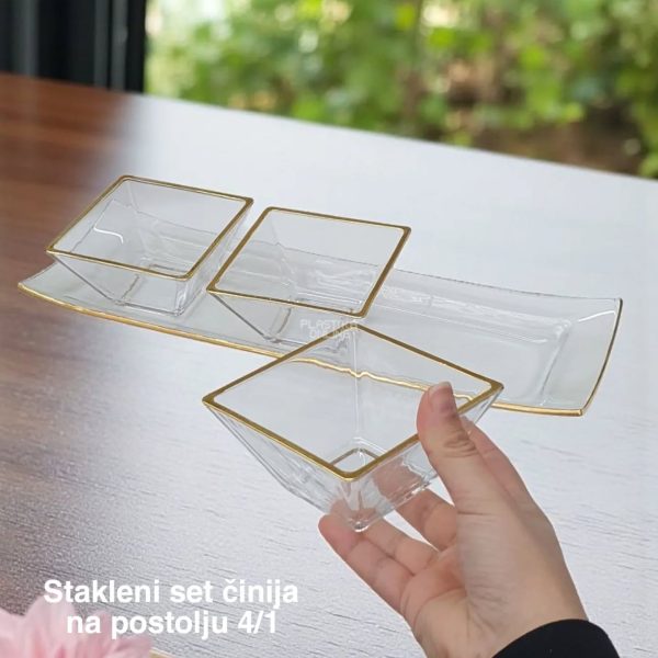 Stakleni set činija na postolju 4/1 , stakleni set činija, Kvalitetne staklene činije, Set činija na postolju, Staklene činije sa zlatnim rubom