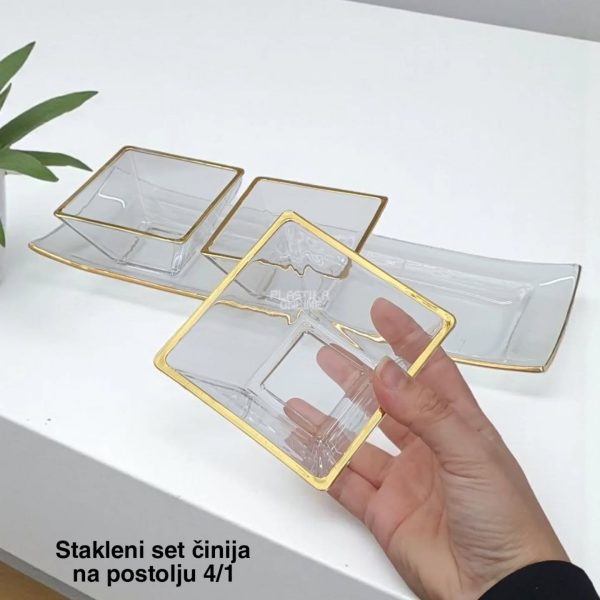 Stakleni set činija na postolju 4/1 , stakleni set činija, Kvalitetne staklene činije, Set činija na postolju, Staklene činije sa zlatnim rubom