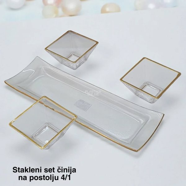 Stakleni set činija na postolju 4/1 , stakleni set činija, Kvalitetne staklene činije, Set činija na postolju, Staklene činije sa zlatnim rubom