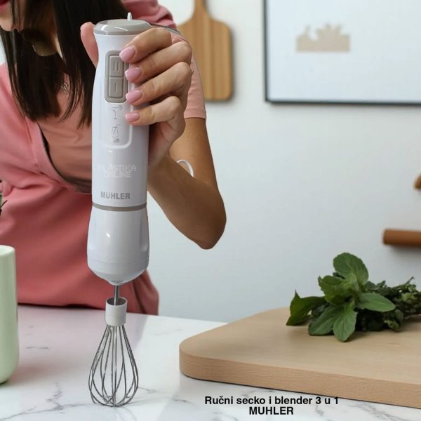 Štapni mikser i blender MUHLER MB603, Štapni mikser, Blender nastavak za potaže, smutije i soseve, Nastavak za mućenje šlaga i jaja, Posuda sa seckom