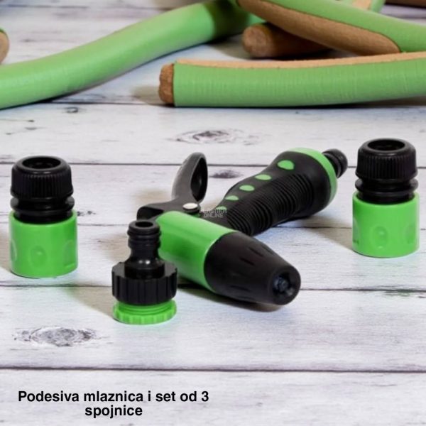 pištolj sa podesivom mlaznicom, priključak za česmu, priključak za crevo sa brzom spojkom i dodatni priključak za crevo