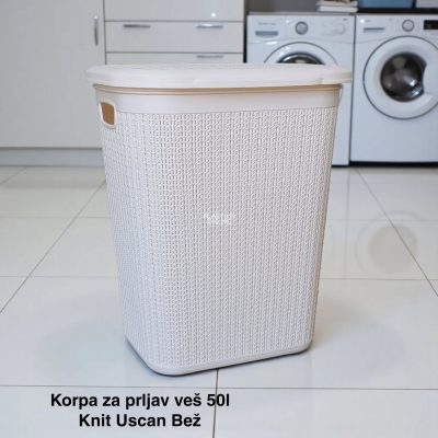 Korpa za prljav veš 50L KNIT Uscan, Plastična korpa za prljav veš, Korpa za veš, Korpa za prljav veš 50L bež