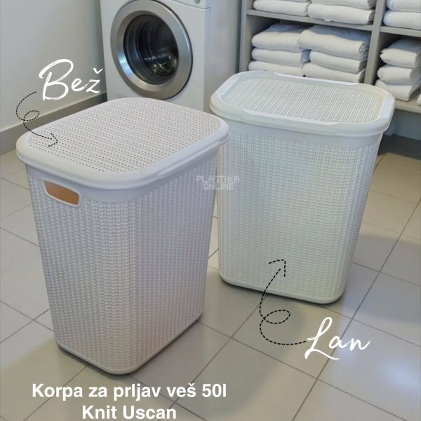 Korpa za prljav veš 50L KNIT Uscan, Plastična korpa za prljav veš, Korpa za veš, Korpa za prljav veš 50L bež