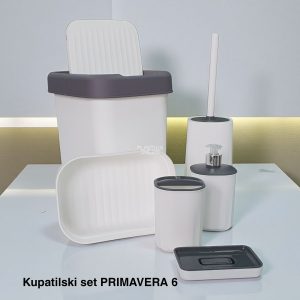 Kupatilski set Primavera 6, Dispenzer za tečni sapun, Držač četkica za zube, Podmetač za sapun,Korpica univerzalna, WC Četka za toalet, Kanta 12L sa klatnom, beli