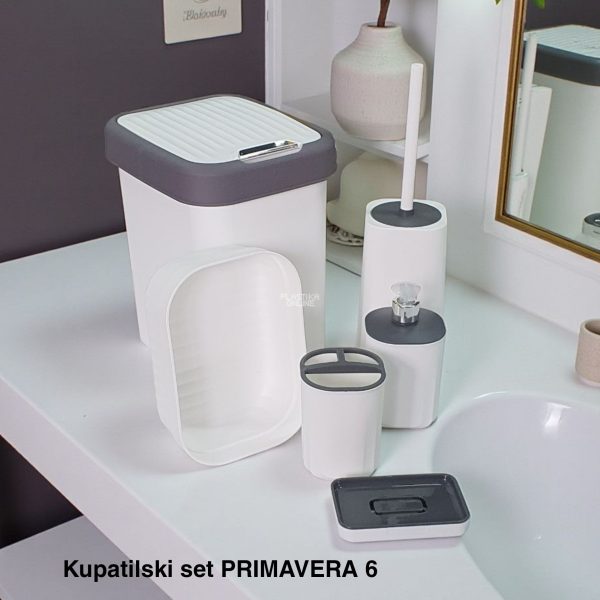 Kupatilski set Primavera 6, Dispenzer za tečni sapun, Držač četkica za zube, Podmetač za sapun,Korpica univerzalna, WC Četka za toalet, Kanta 12L sa klatnom, beli