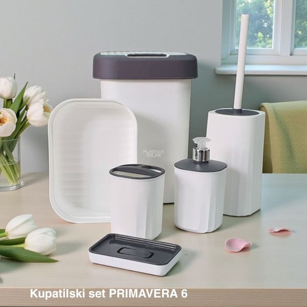 Kupatilski set Primavera 6, Dispenzer za tečni sapun, Držač četkica za zube, Podmetač za sapun,Korpica univerzalna, WC Četka za toalet, Kanta 12L sa klatnom, beli
