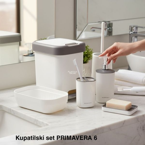 Kupatilski set Primavera 6, Dispenzer za tečni sapun, Držač četkica za zube, Podmetač za sapun,Korpica univerzalna, WC Četka za toalet, Kanta 12L sa klatnom, beli