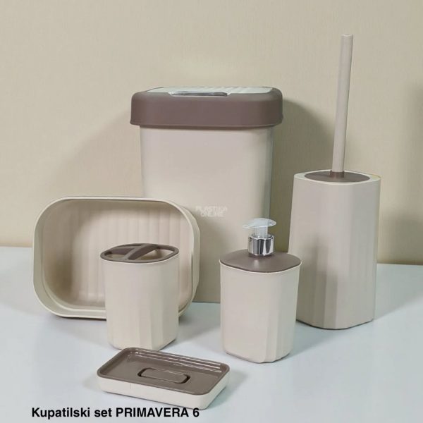Kupatilski set Primavera 6, Dispenzer za tečni sapun, Držač četkica za zube, Podmetač za sapun,Korpica univerzalna, WC Četka za toalet, Kanta 12L sa klatnom, bež
