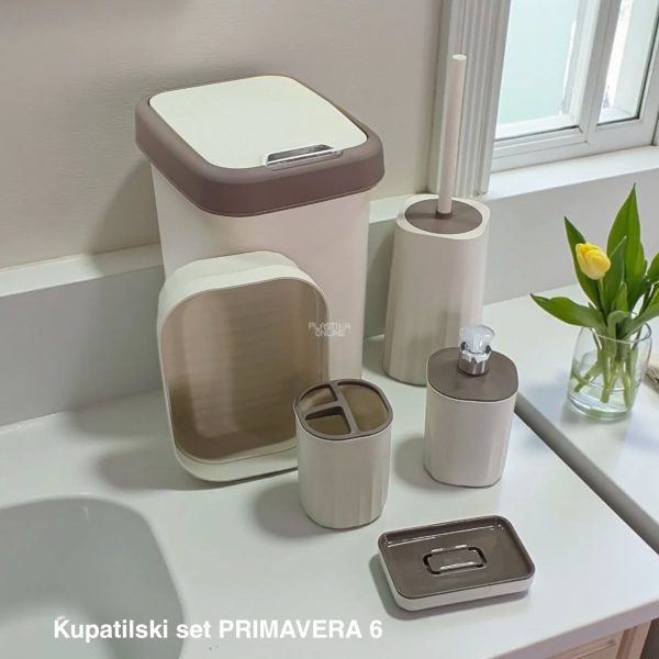 Kupatilski set Primavera 6, Dispenzer za tečni sapun, Držač četkica za zube, Podmetač za sapun,Korpica univerzalna, WC Četka za toalet, Kanta 12L sa klatnom, bež